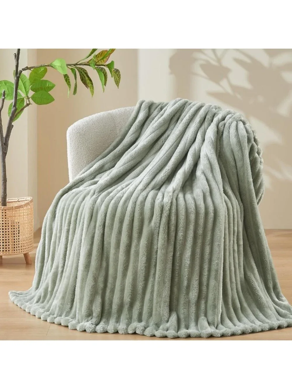 Cozy Sage Green Ribbed Throw Blanket | Soft Silky Flannel Fleece | All Season